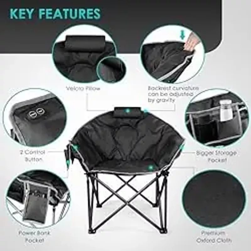 Suteck Heated Camping Chair with 12V 20,000mAh Power Bank, Oversized Heated Chairs Outdoor Sports W/3 Heat Levels for Back & Seat, Folding Heated Lawn Chairs for Patio Outdoors Travel, Black