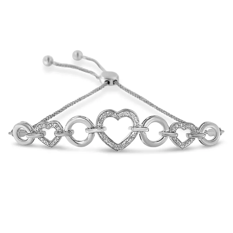 .925 Sterling Silver Diamond Accent Interlinking Triple Heart 4”-10” Adjustable Bolo Tennis Bracelet Bolo Bracelet (H-I Color, I2-I3 Clarity)