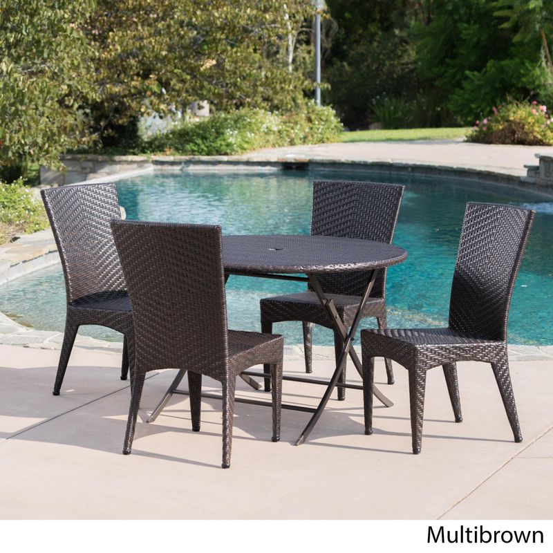 Avery Outdoor 5-Piece Round Foldable Wicker Dining Set with Umbrella Hole by Christopher Knight Home - Multibrown