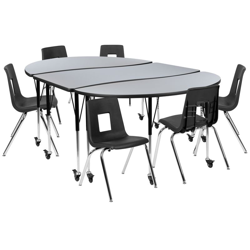 Mobile 86" Oval Wave Collaborative Laminate Activity Table Set with 18" Student Stack Chairs, Grey/Black - Oak