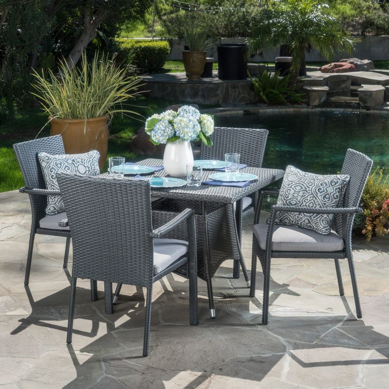 Campbell Outdoor 5-piece Square Wicker Dining Set with Cushions by Christopher Knight Home - Grey/ Grey Cushions