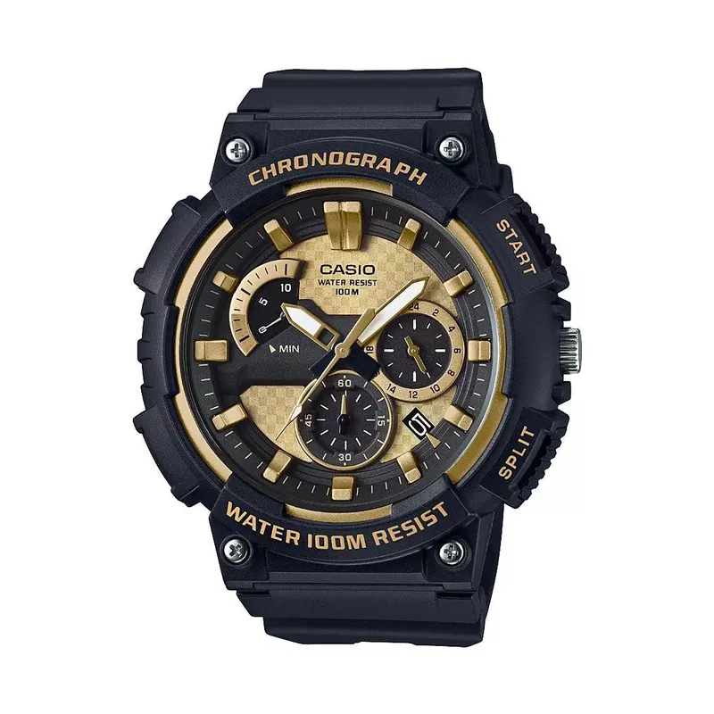 Casio - Mens Classic Chronograph Analog Resin Watch Black & Gold Dial