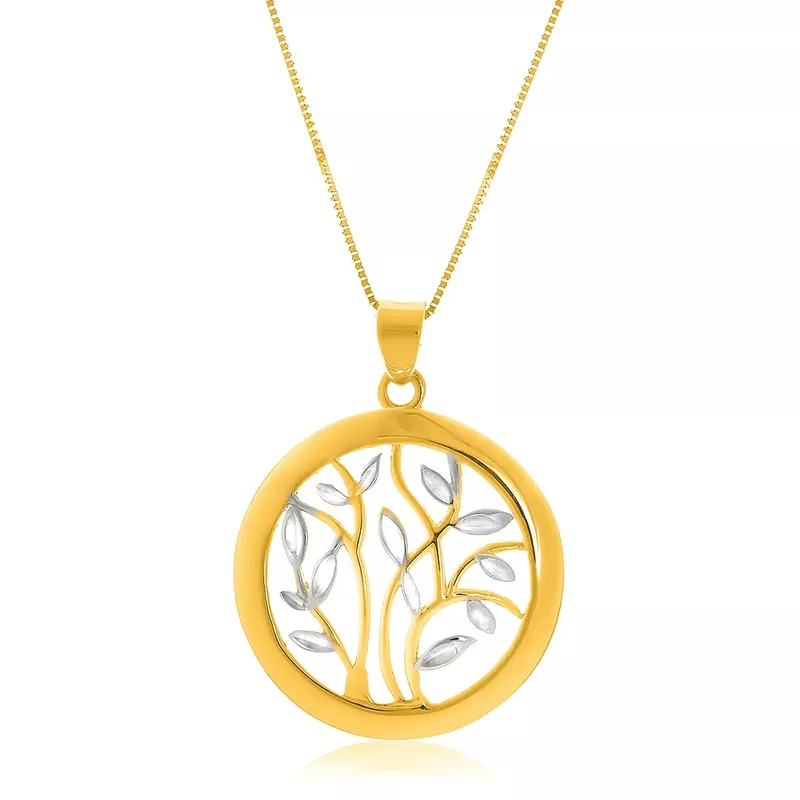 14k Two Tone Gold Pendant with an Open Round Tree Design (18 Inch)