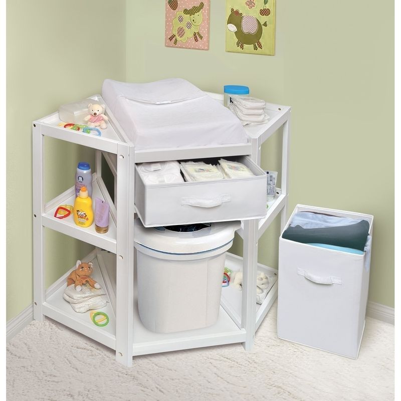 Diaper Corner Baby Changing Table with Hamper and Basket - White with White Basket/Hamper