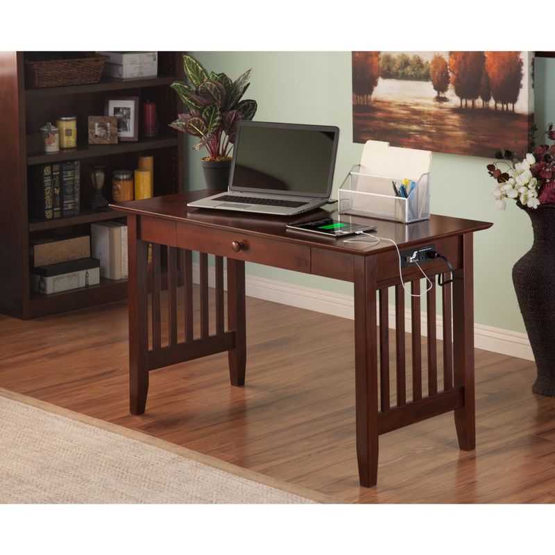 Harvard Media Collection Walnut Wood Mission Desk with Drawer and Charging Station - Color
