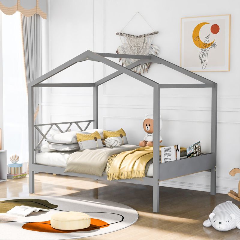 Nestfair Full Size Wood House Bed with Storage Space - Grey