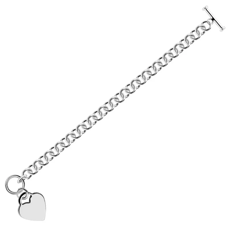 Sterling Silver Rhodium Plated Rolo Style Heart Charmed Chain Bracelet (8 Inch)