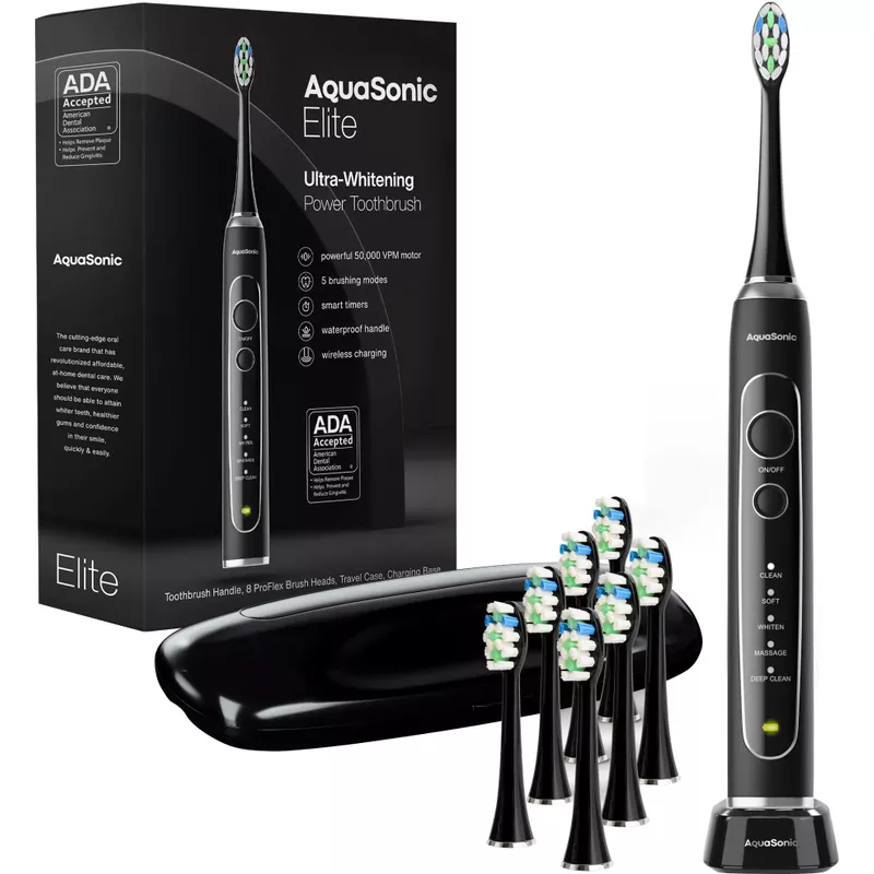 AquaSonic - Elite - Wireless Rechargeable Electric Toothbrush with Travel Case, 5 Modes, 8 Brush Heads - Black