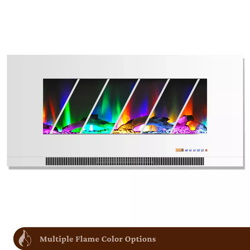 42-In. Wall-Mount Electric Fireplace in White with Multi-Color Flames and Driftwood Log Display