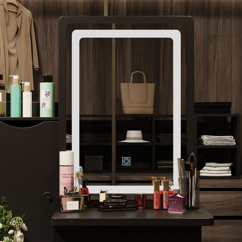 4-Drawer Makeup Organizer Vanity Table Set with LED-lit Mirror Dresser - Black