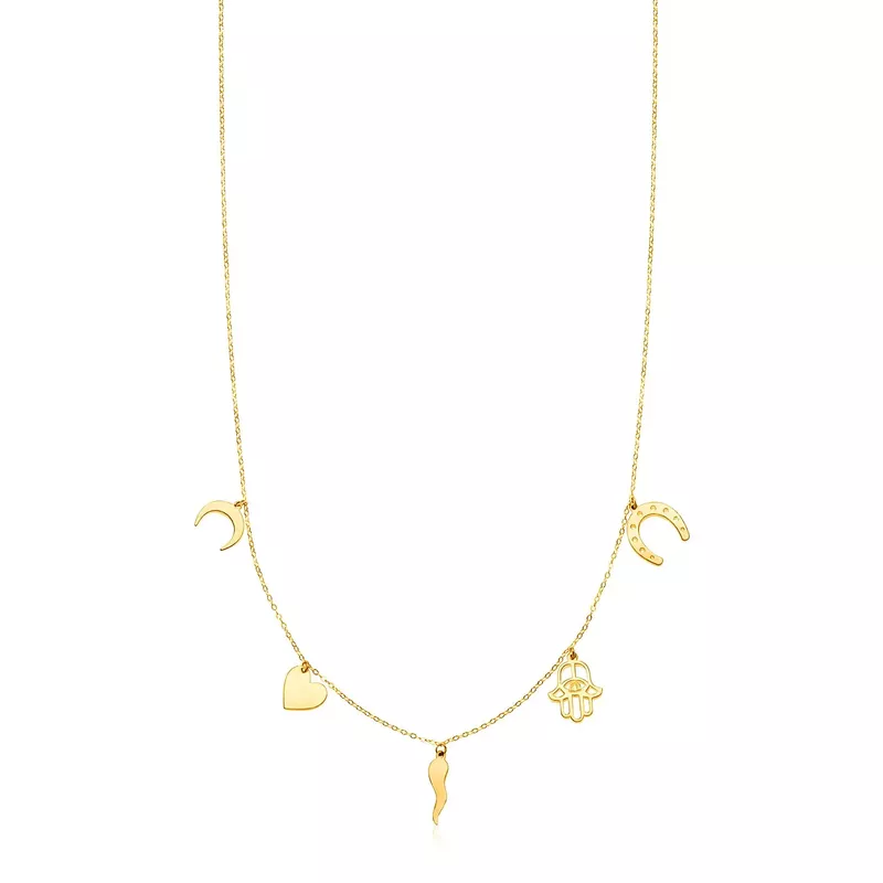 14K Yellow Gold Necklace with Polished Charms (18 Inch)