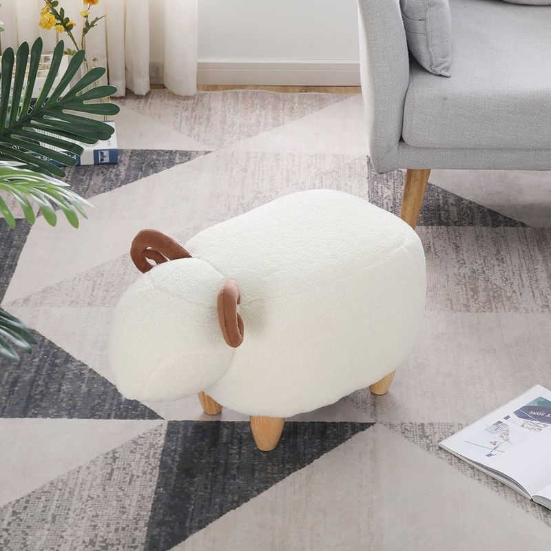 Little Sheep Kids Footstool, Home Cartoon Chair with Solid Wood Legs - White