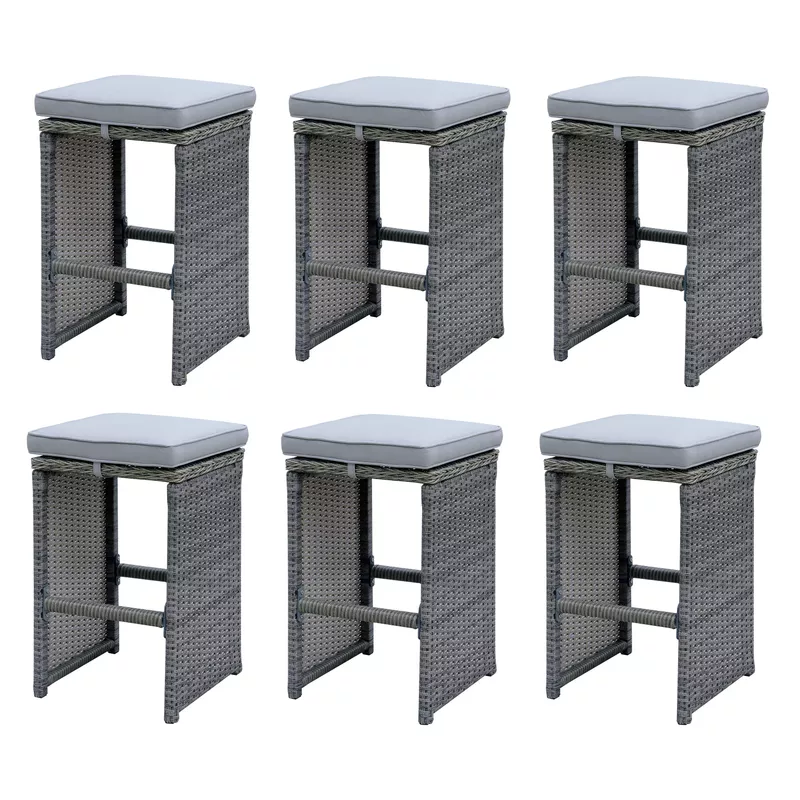Contemporary Rattan 29-inch Patio Bar Stools in Gray (Set of 6)