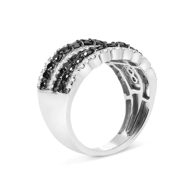 .925 Sterling Silver 1 3/4 Cttw Treated Black and White Alternating Diamond Multi Row Band Ring (Black / I-J Color, I2-I3 Clarity) - Size 8