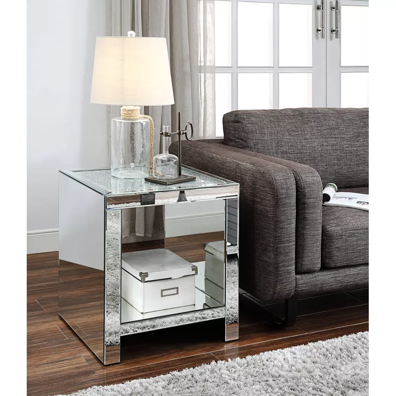 ACME Noralie End Table, Clear Glass, Mirrored & Faux Diamonds