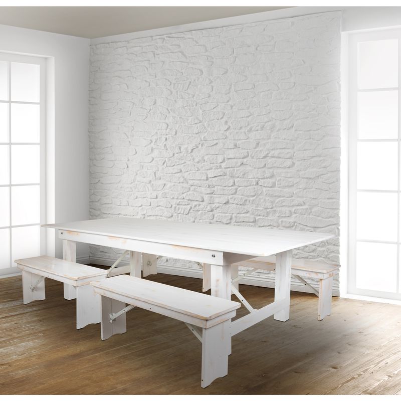 8'x40" Farm Table/4 Bench Set - Antique Rustic White