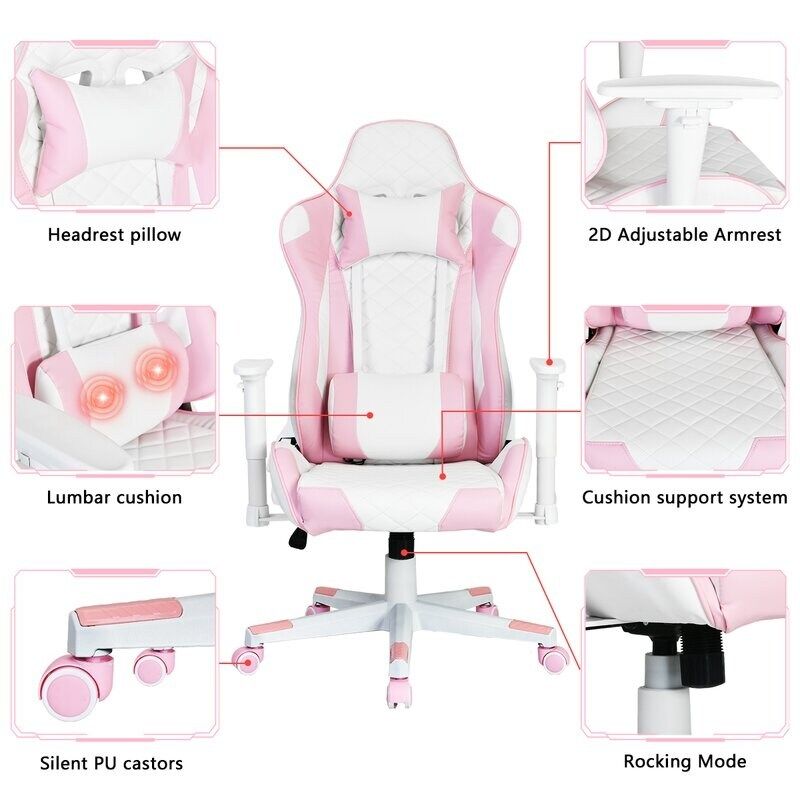 Pink Gaming Chair with Lumbar Support - Pink