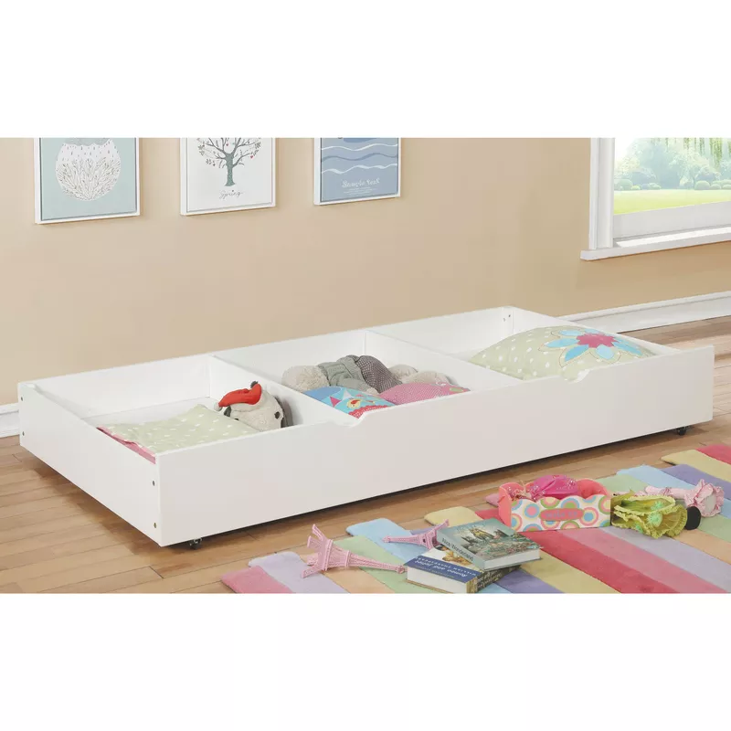 Transitional Wood Twin Storage Kids Trundle in White