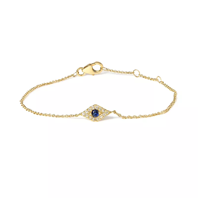 10K Yellow Gold Blue Sapphire and Diamond Accent Evil Eye Station Link Bracelet (H-I Color, I1-I2 Clarity) - Size 7"