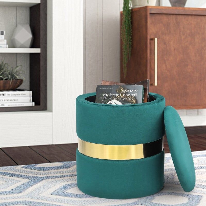 Adeco Set of 2 Velvet Storage Round Ottoman Foot Stool Metal Band - Teal