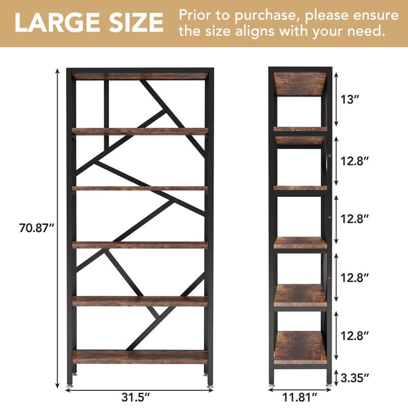 70.8''H 6 Tier Bookcase Bookshelf with Staggered Metal Back, Rustic Industrial Etagere Storage Rack for Living Room Office - Rustic Brown