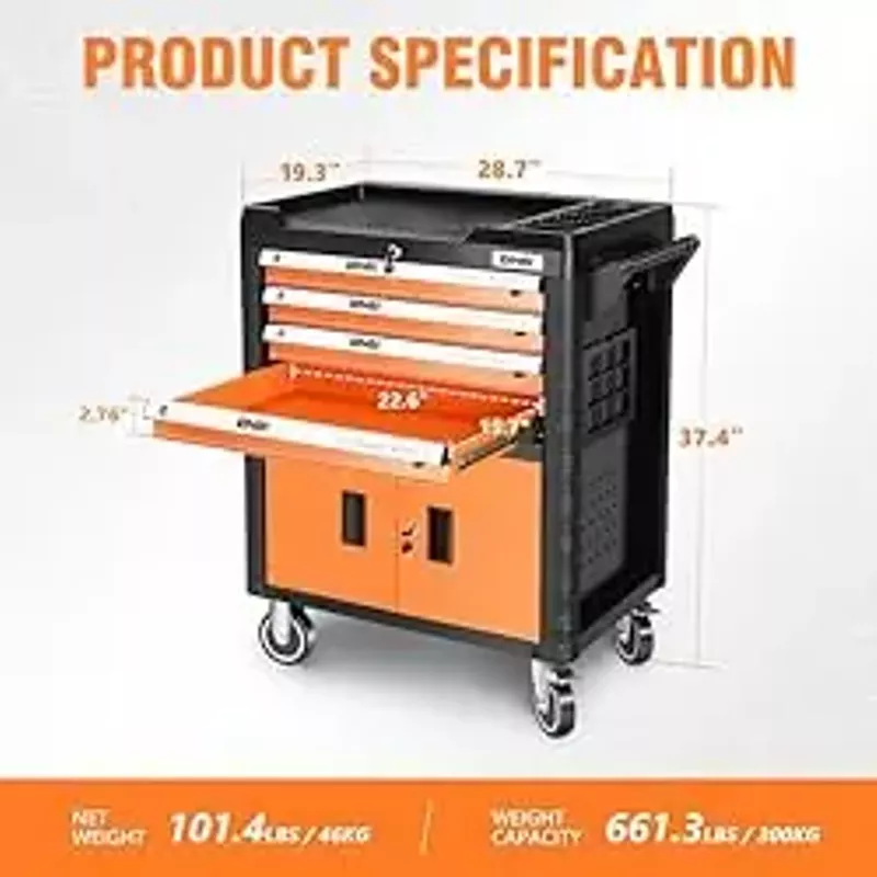 DNA MOTORING 4-Drawers Roller Tool Chest Cabinet with Casters, Locking System, Top Worktop, for Garage Warehouse Workshop, Orange, TOOLS-00402