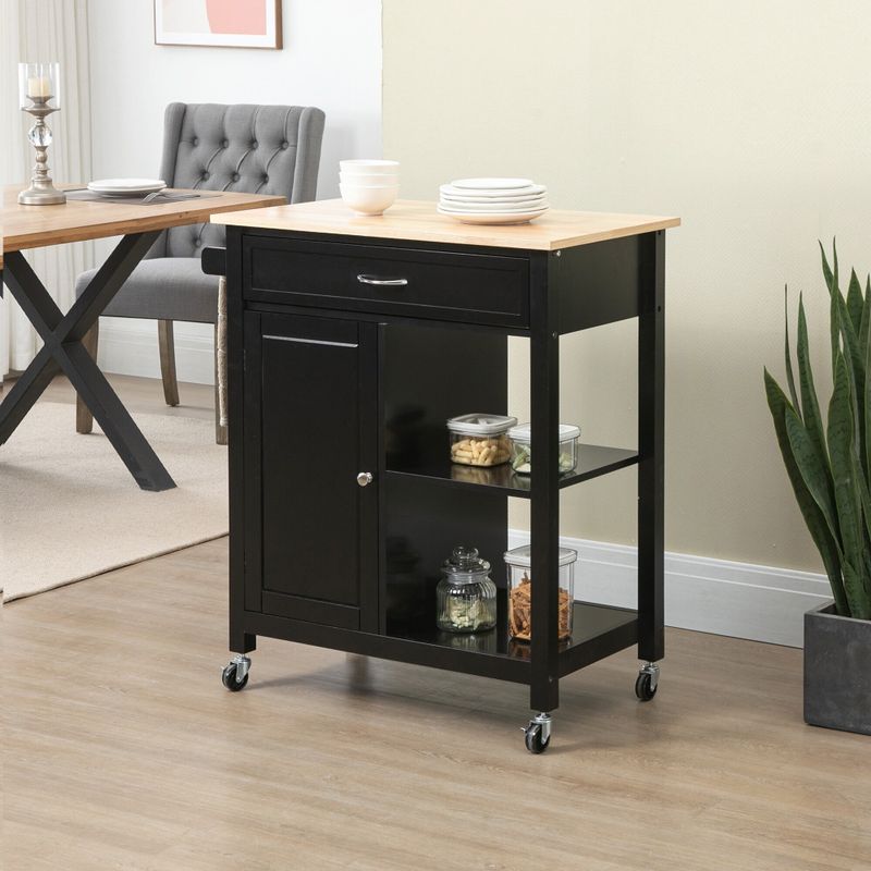 HOMCOM Kitchen Trolley, Wood Top Utility Cart on Wheels with Open Shelf and Storage Drawer for Dining Room, Kitchen - Black