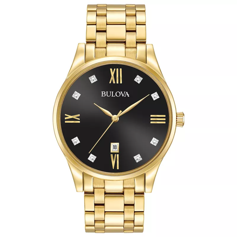 Bulova - Mens Diamond Gold-Tone Stainless Steel Watch Black Dial