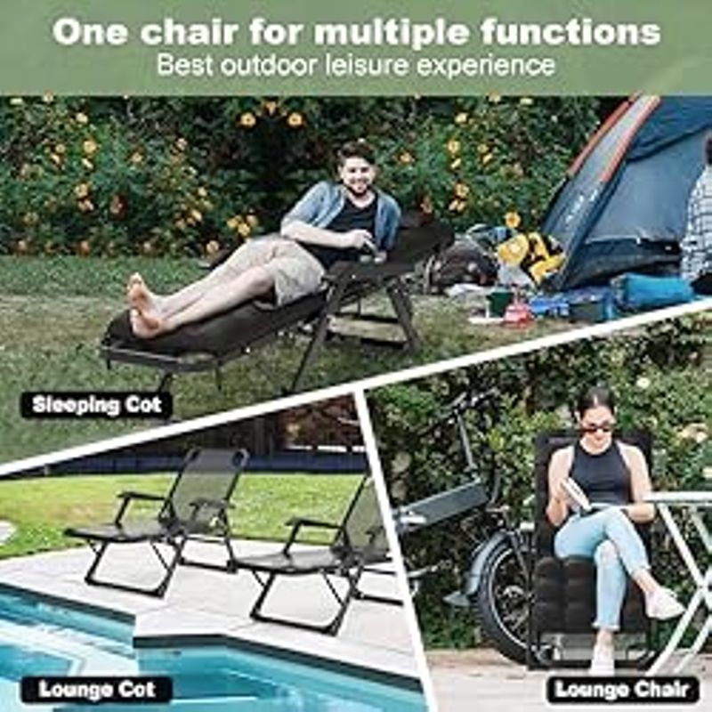 Slendor 3 in 1 Oversized Folding Camping Cot 26in, 6+10 Positions Adjustable Patio Chaise Lounge Chair L, Sleeping Cots for Adults,...