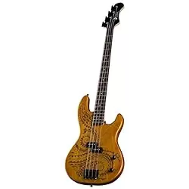 Luna Tattoo 34" Long Scale Electric Bass Guitar, Satin Natural