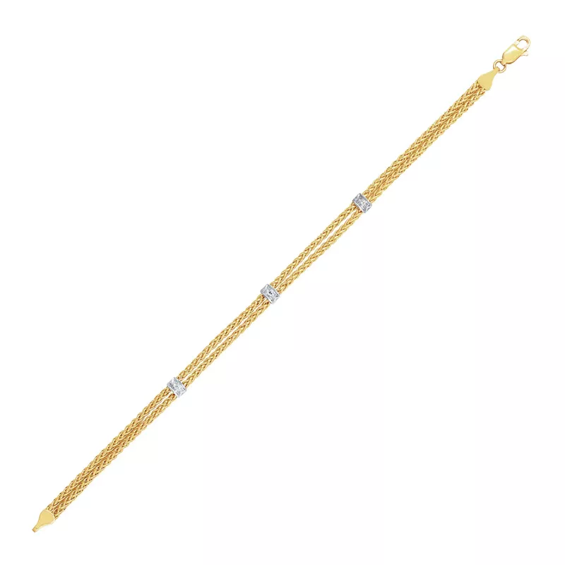 14k Two Tone Gold Dual Wheat Chain Bracelet with Diamond Stations (.02 cttw) (7.25 Inch)