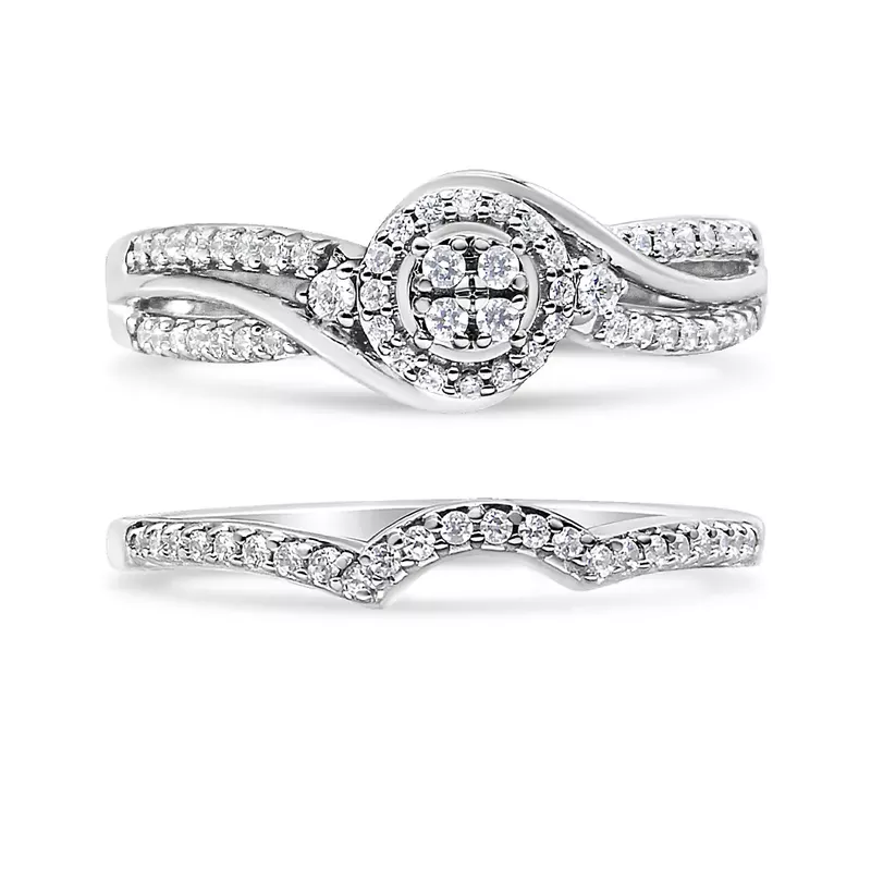 .925 Sterling Silver 1/3 Cttw Composite Diamond Frame Bypass Bridal Set Ring and Band (I-J Color, I2-I3 Clarity) - Ring Size 5