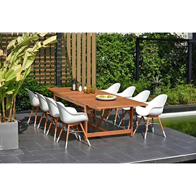 Brampton 9 Piece Outdoor Eucalyptus Extendable Dining Set | Perfect for Patio | White Chairs with Arms, Dark Brown