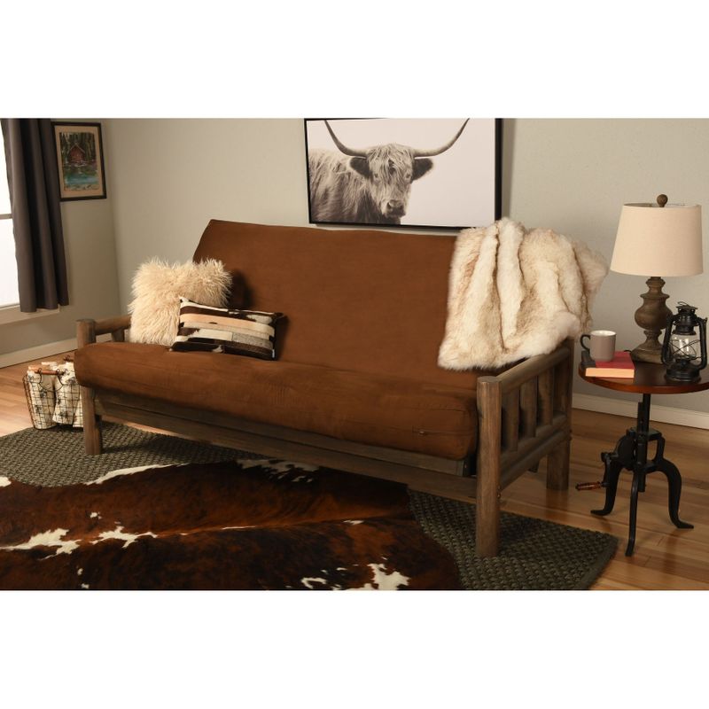 Rent to own Somette Lodge Futon Set in Rustic Walnut Finish with Suede