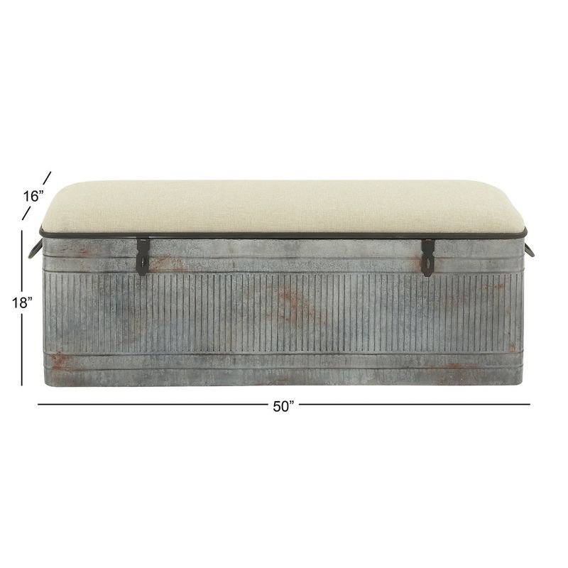 "50" x 18" Horse Watering Trough-Inspired Silver Iron Storage Bench w/ Beige Cotton Seat by Studio 350 - Linen/Iron/Metal - Standard...