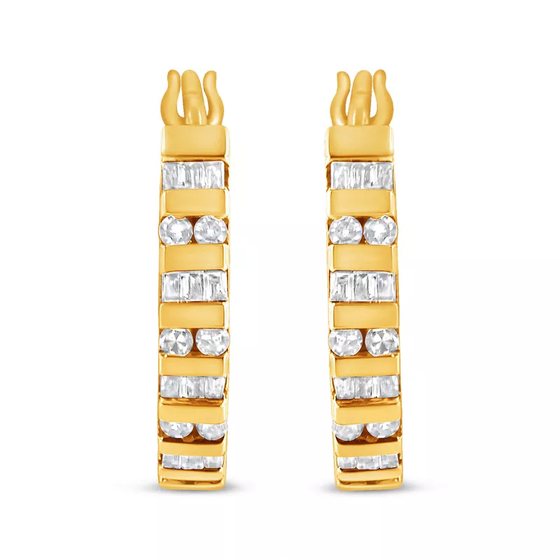 10K Yellow Gold 1/2 Cttw Round and Baguette-Cut Diamond Hoop Earrings (I-J Color, I2-I3 Clarity)