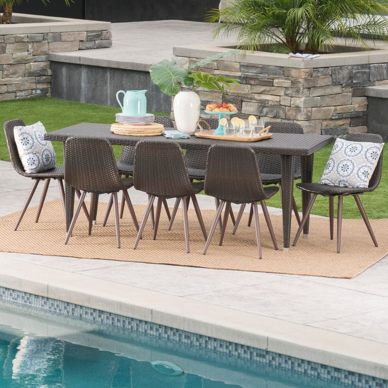 Luke Outdoor 9-Piece Rectangle Wicker Dining Set by Christopher Knight Home - Multibrown + Dark Brown