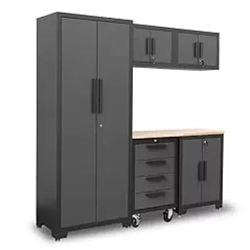 Torin 6 Piece Set with Lockers, Shelves and Wood Worktop, Black/Grey Garage Storage System