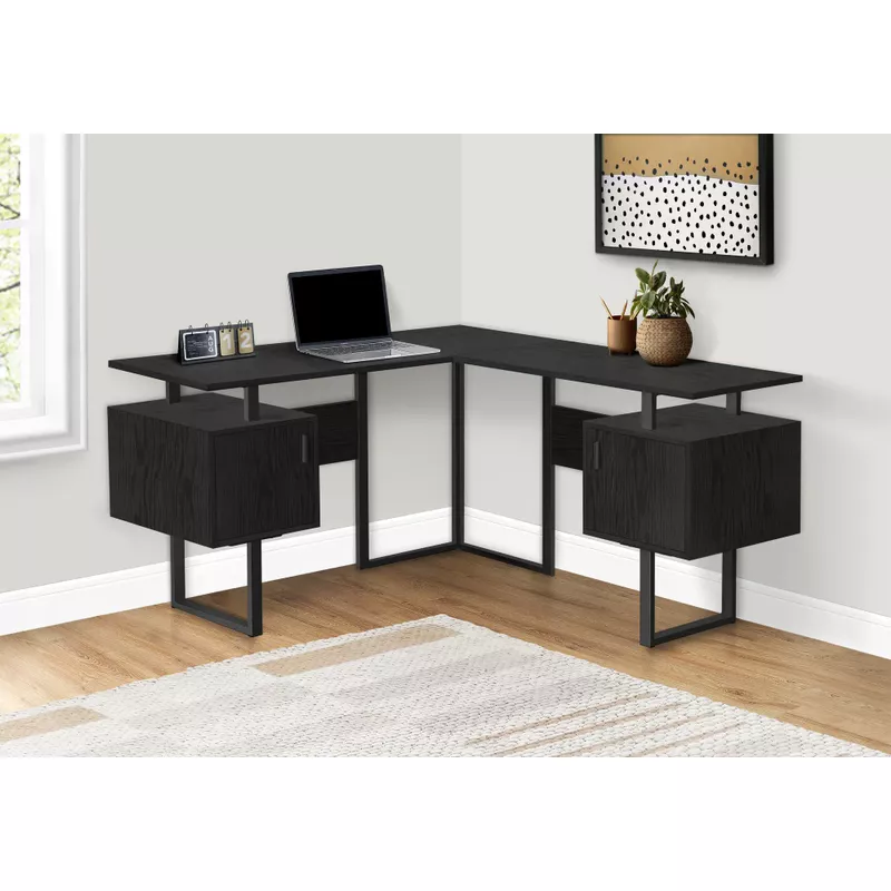 Computer Desk/ Home Office/ Corner/ Storage/ 58"L/ L Shape/ Work/ Laptop/ Metal/ Laminate/ Black/ Contemporary/ Modern