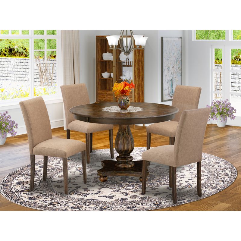 Dining Table Set Includes a Dining Table and Light Sable Linen Fabric Dining Chairs-Distressed Jacobean Finish - F2AB7-747