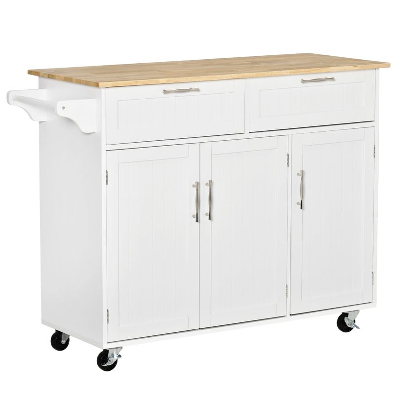 HOMCOM 48" Modern Kitchen Island Cart on Wheels with Storage Drawers, Rolling Utility Cart with Adjustable Shelves, Cabinets - White
