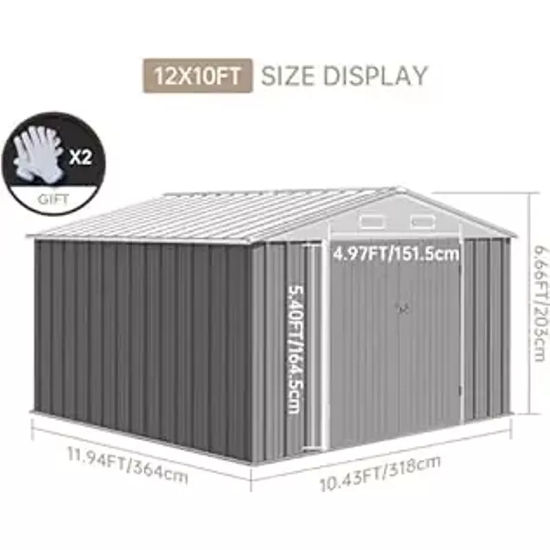 12x10 FT Outdoor Metal Storage Shed, Steel Utility Shed Storage, Metal Shed Outdoor Storage with Lockable Door Design with Sloped Roof for Garden, Backyard, Patio, Outdoor Use, Gray