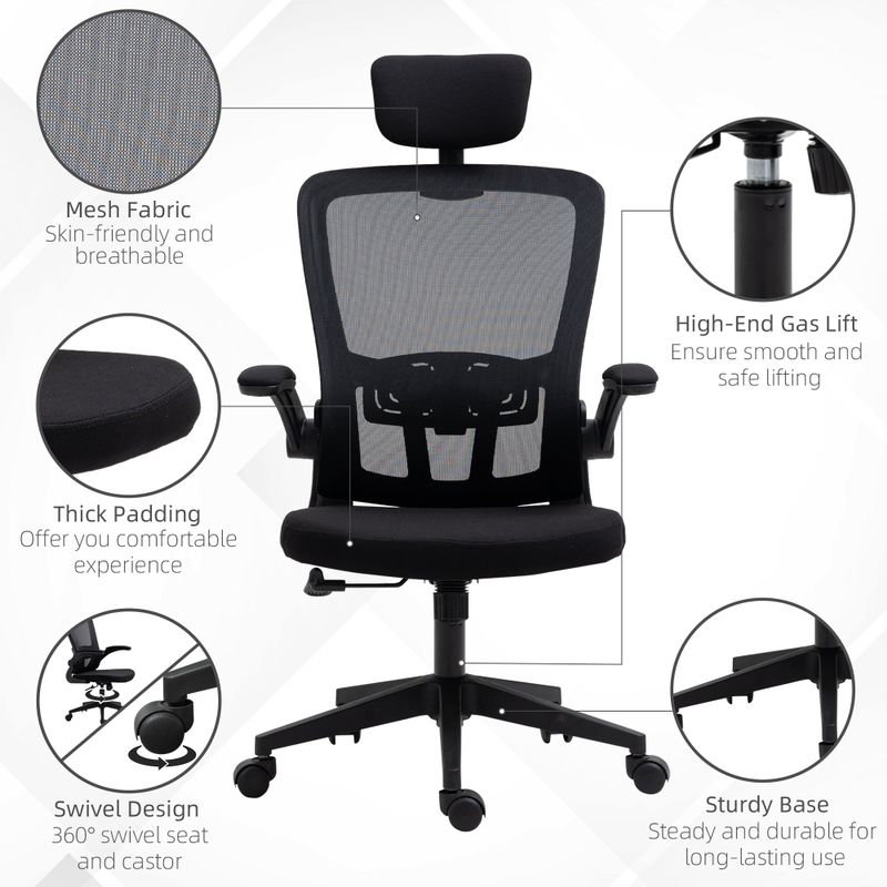 Vinsetto High Back Mesh Chair, Home Office Task Computer Chair with Adjustable Height, Lumbar Back Support, Headrest, and Arms - Grey