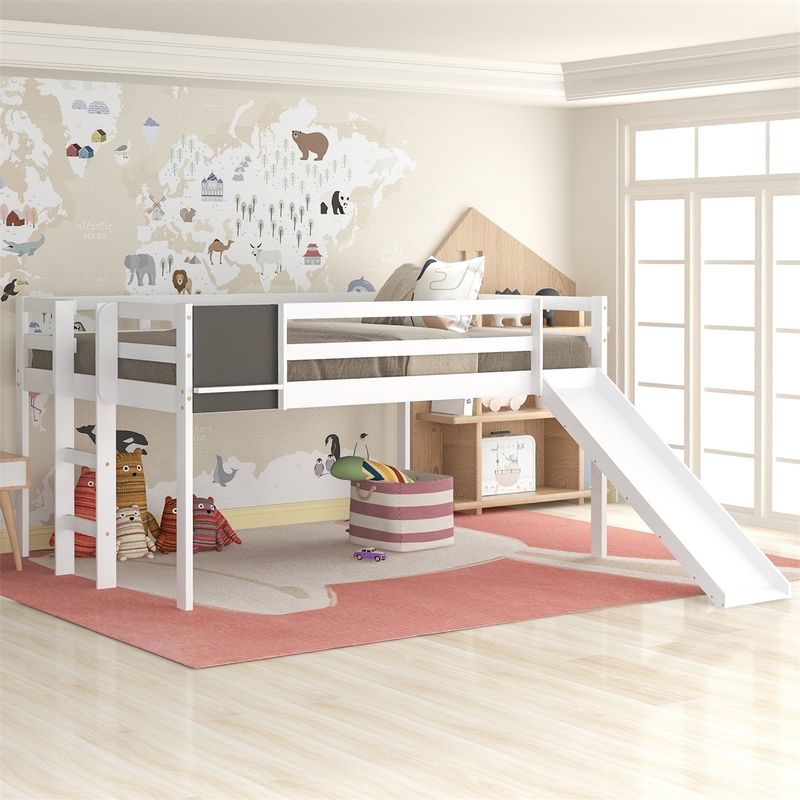 Merax Wood Loft Bed with Slide, Stair and Chalkboard - Grey - Twin