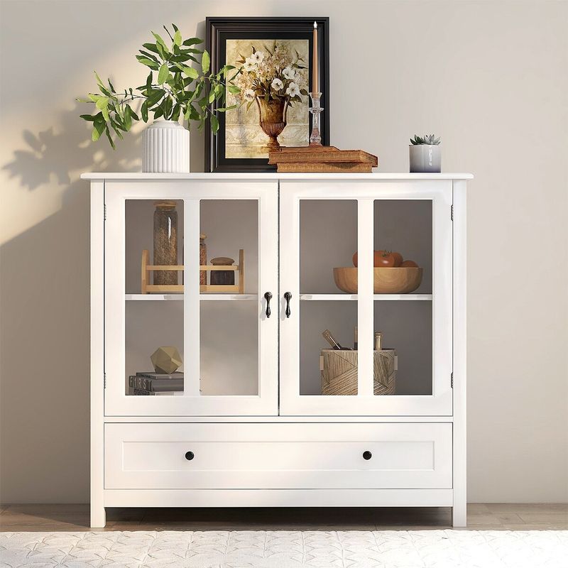 Merax Buffet Storage Cabinet with Double Glass Doors and Unique Bell Handle - White