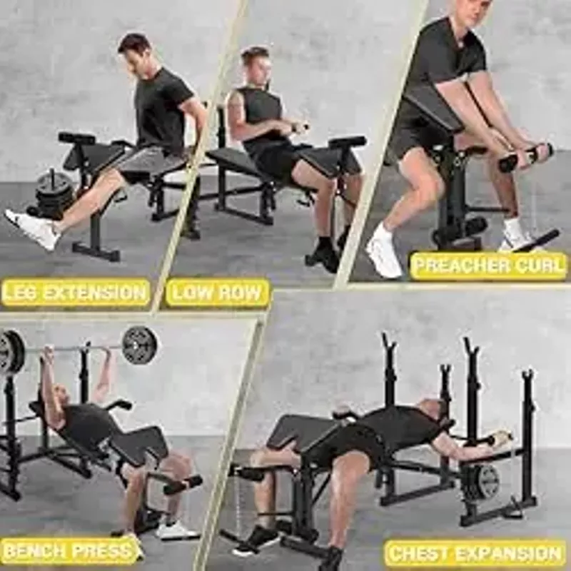 GarveeLife Adjustable Weight Bench Set for Home Gym, Foldable Workout Bench with Bench Press, Squat Rack, Preacher Curl, Leg Extension, Low Row, Chest Expansion, Sit Up for Full Body Exercise, Black