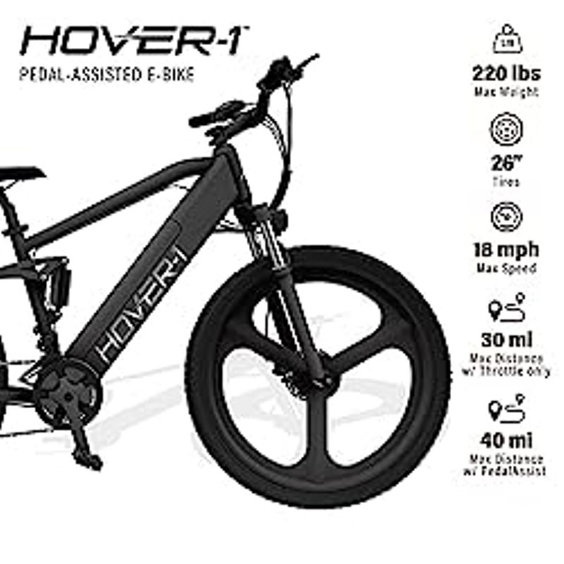 Hover-1 Instinct Electric Bike with 350W Motor, 15 mph Max Speed, 26 Tires, and 40 Miles of Range E-Bike, Black