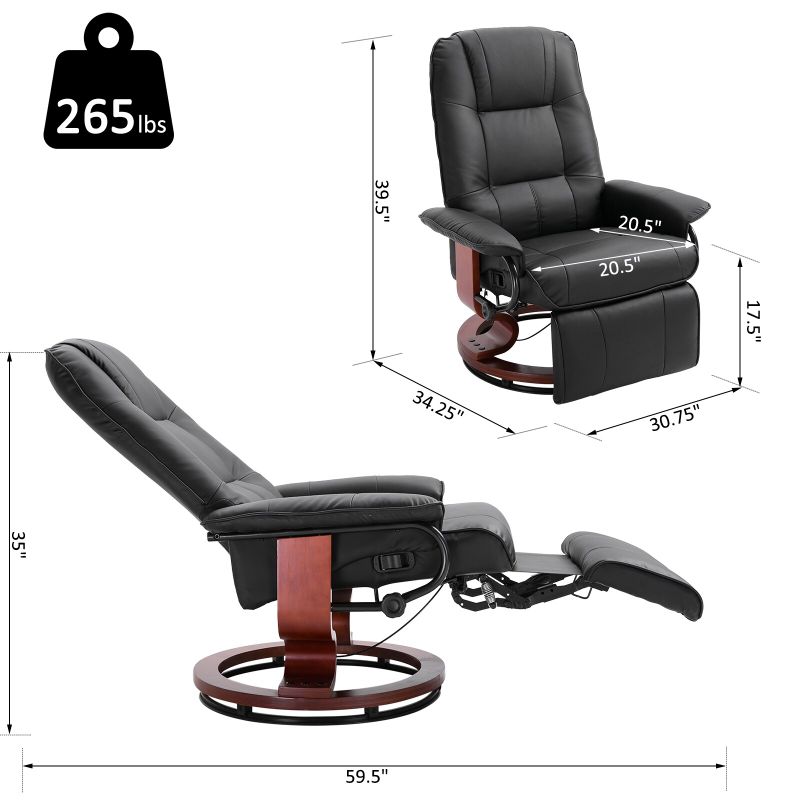 HomCom Faux Leather Adjustable Manual Swivel Base Recliner Chair with Comfortable and Relaxing Footrest - Black