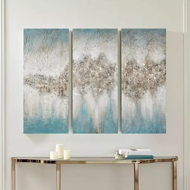Blue Luminous Heavily Embellished 3-piece Canvas Wall Art Set