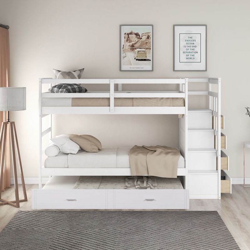 Merax Wood Twin Over Twin Bunk Bed with Trundle and Staircase - White